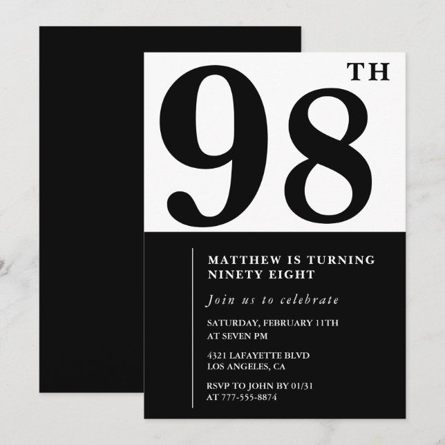 Chic Black and White 98th birthday invitation (Front/Back)