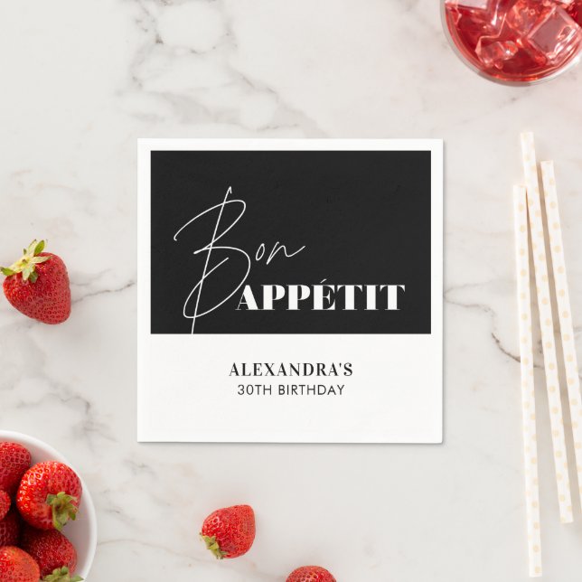 Chic Black and White Bon Appétit Birthday  Napkins (Insitu)
