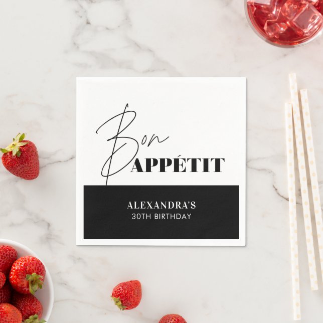 Chic Black and White Bon Appétit Script Birthday  Napkins (Insitu)