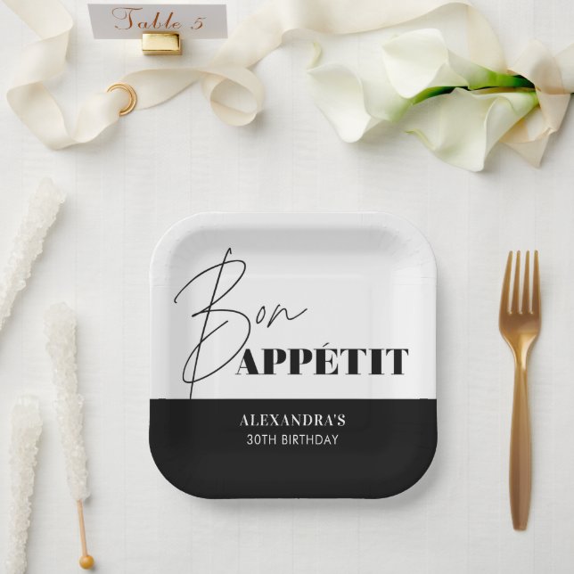 Chic Black and White Bon Appétit Script Birthday  Paper Plates (Wedding)