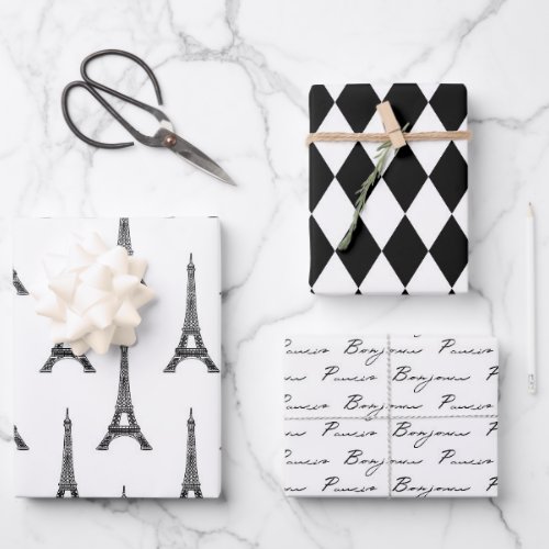 Chic Black and White Bonjour  Wrapping Paper Sheets
