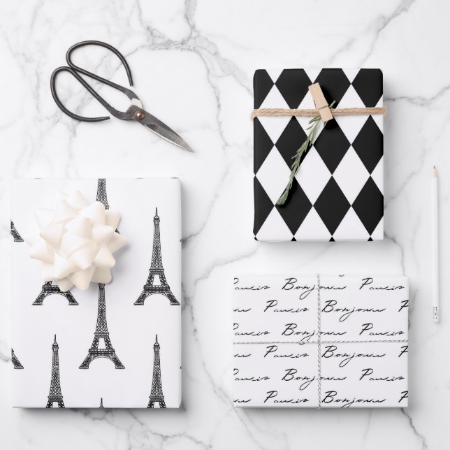 Chic Black and White Bonjour  Wrapping Paper Sheets (Front)