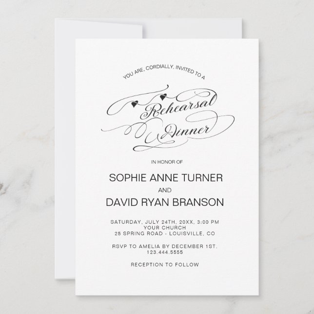 Chic Black and White Calligraphy Rehearsal Dinner Invitation (Front)