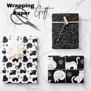 Chic Black and White Cat Modern Minimalist Feline Wrapping Paper Sheets