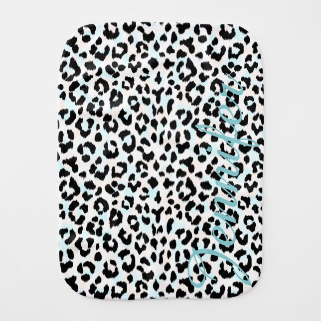 Chic black and white cheetah print monogram baby burp cloth (Front)