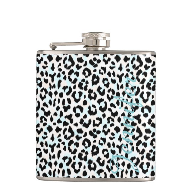 Chic black and white cheetah print monogram flask (Front)