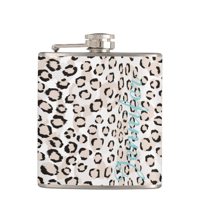 Chic black and white cheetah print monogram hip flask (Front)
