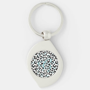 Chic black and white cheetah print monogram keychain
