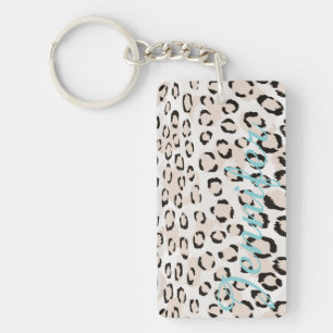 Chic black and white cheetah print monogram keychain