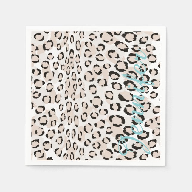 Chic black and white cheetah print monogram napkins (Front)