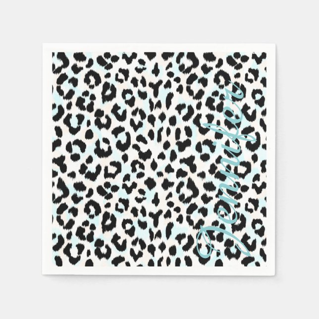 Chic black and white cheetah print monogram napkins (Front)