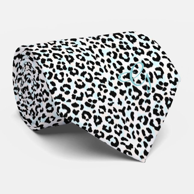 Chic black and white cheetah print monogram neck tie (Rolled)