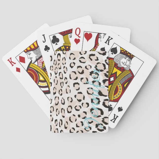 Chic black and white cheetah print monogram poker cards (Back)