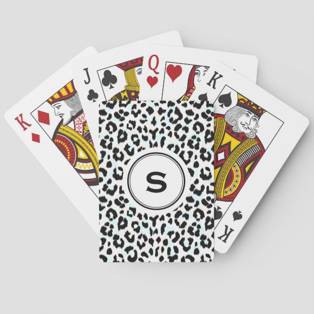 Chic black and white cheetah print monogram poker cards (Back)