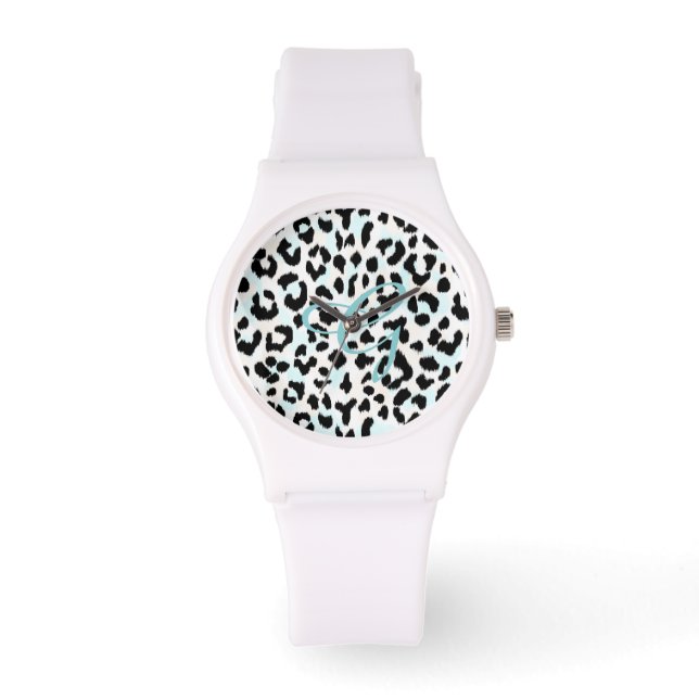 Chic black and white cheetah print monogram watch (Front)