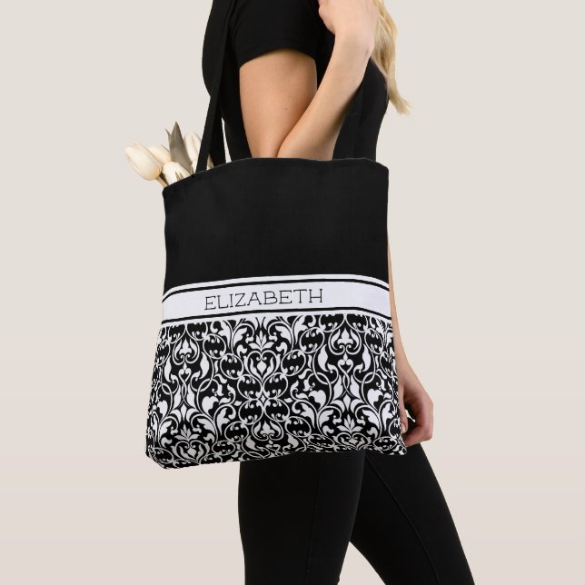 Chic Black and White Damask Personalized Tote Bag (Close Up)