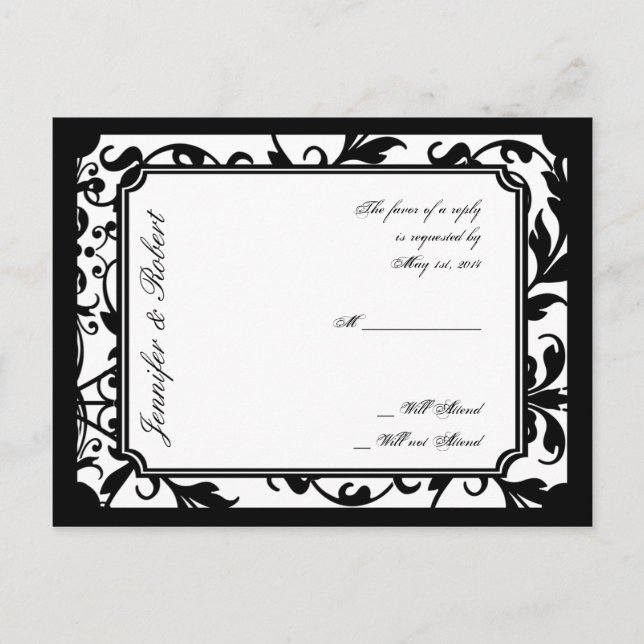 Chic Black and White Damask RSVP Postcard (Front)