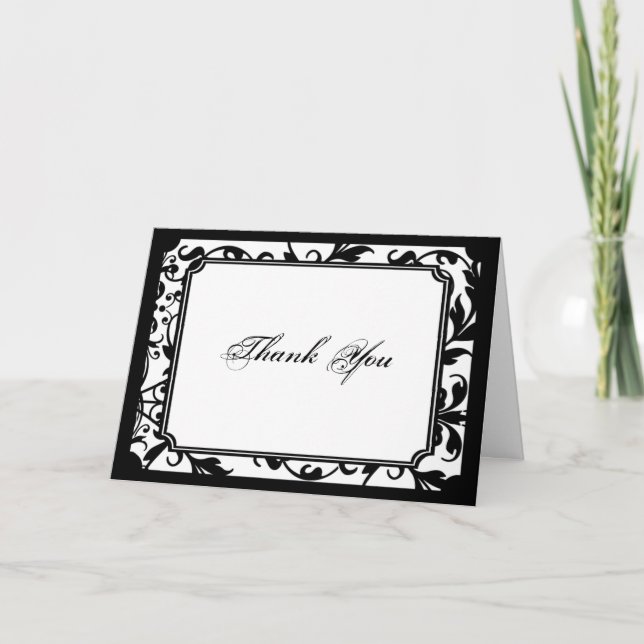 Chic Black and White Damask Thank You card (Front)