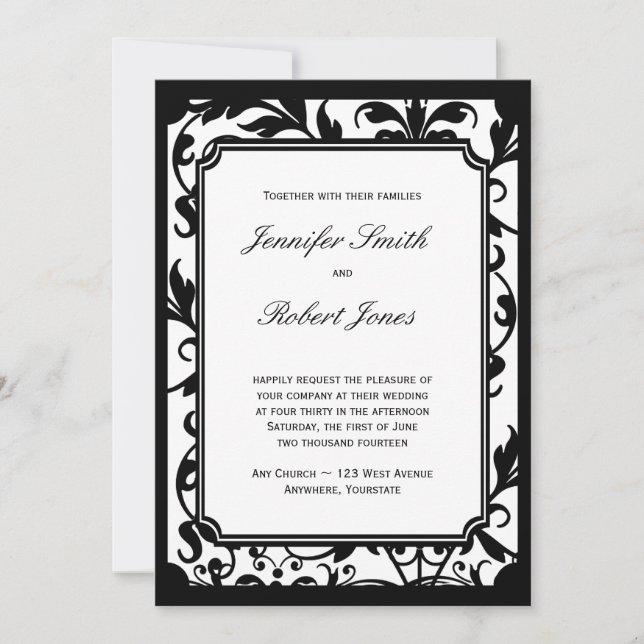 Chic Black and White Damask Wedding Invitation (Front)