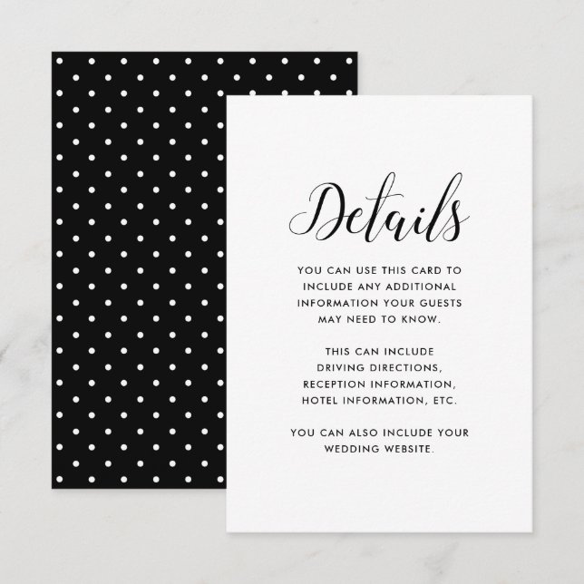 Chic Black and White Dots Wedding Guest Details Enclosure Card (Front/Back)