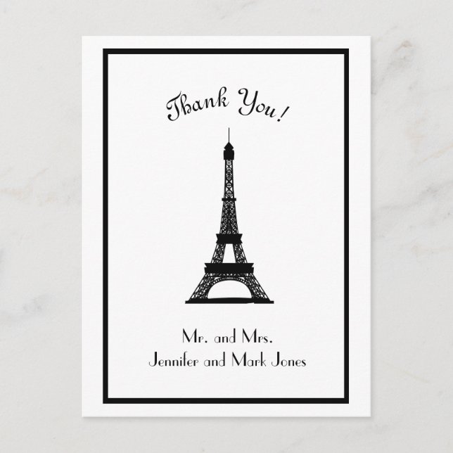 Chic Black and White Eiffel Tower Thank You Postcard (Front)
