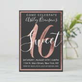 Chic Black and White Faux Rose Gold Foil Sweet 16 Invitation (Standing Front)