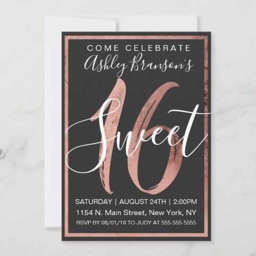Chic Black and White Faux Rose Gold Foil Sweet 16 Invitation