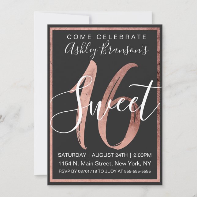 Chic Black and White Faux Rose Gold Foil Sweet 16 Invitation (Front)