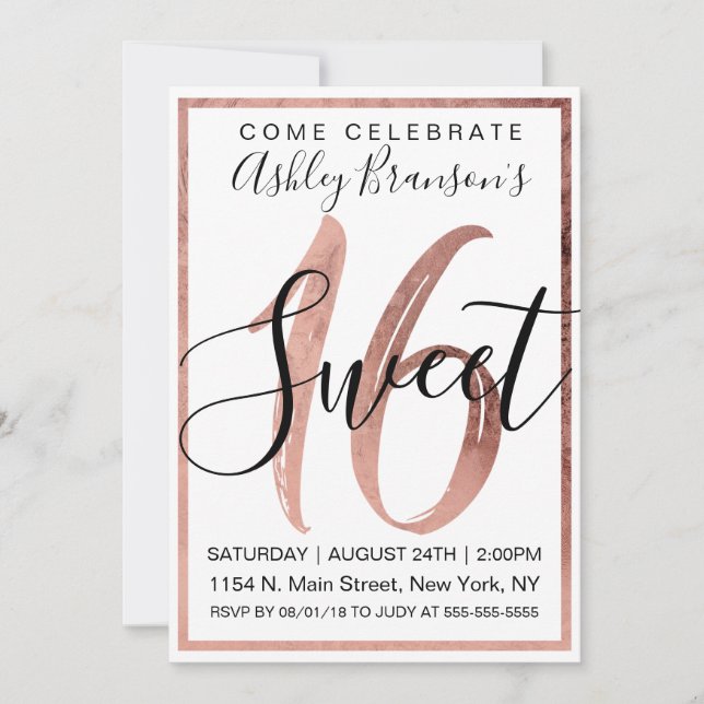 Chic Black and White Faux Rose Gold Foil Sweet 16 Invitation (Front)