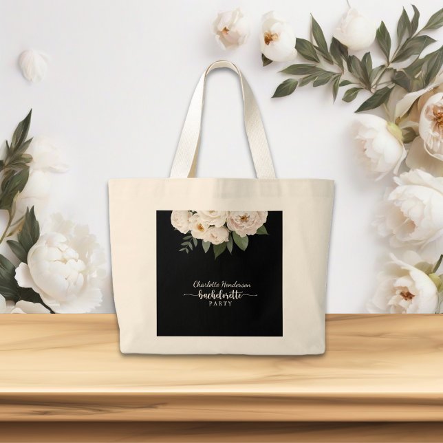 Chic Black And White Floral Bachelorette Party Large Tote Bag (Creator Uploaded)