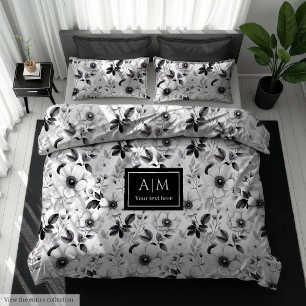 Chic black and white floral duvet with monogram