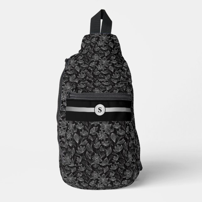 Chic Black and White Floral Personalized Sling Bag (Front)