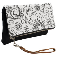 Chic black and white floral swirl clutch