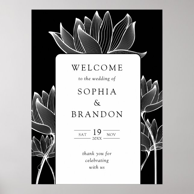 Chic Black And White Floral Wedding Welcome Sign (Front)