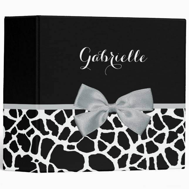 Chic Black and White Giraffe Print Silver Gray Bow Binder (Front/Spine)