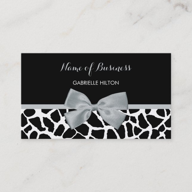 Chic Black and White Giraffe Print Silver Gray Bow Business Card (Front)