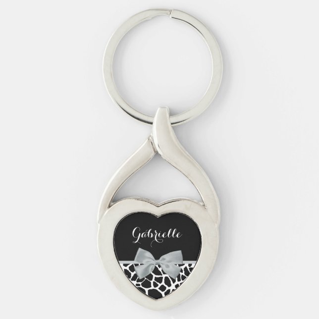 Chic Black and White Giraffe Print Silver Gray Bow Keychain (Front)