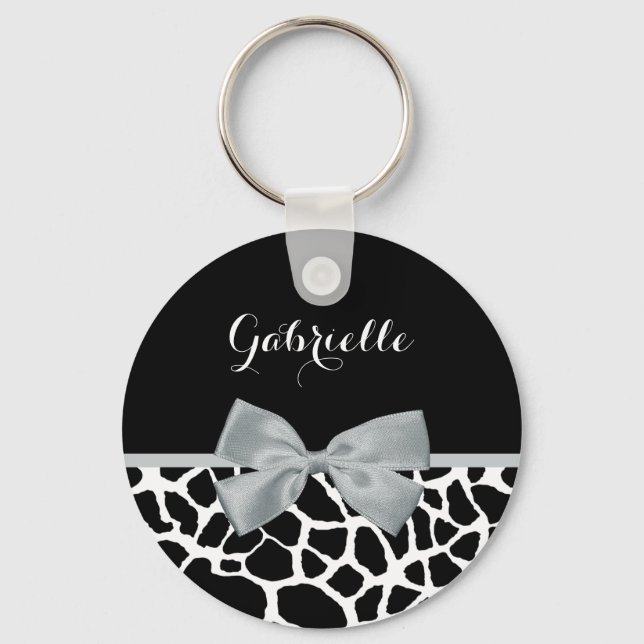 Chic Black and White Giraffe Print Silver Gray Bow Keychain (Front)