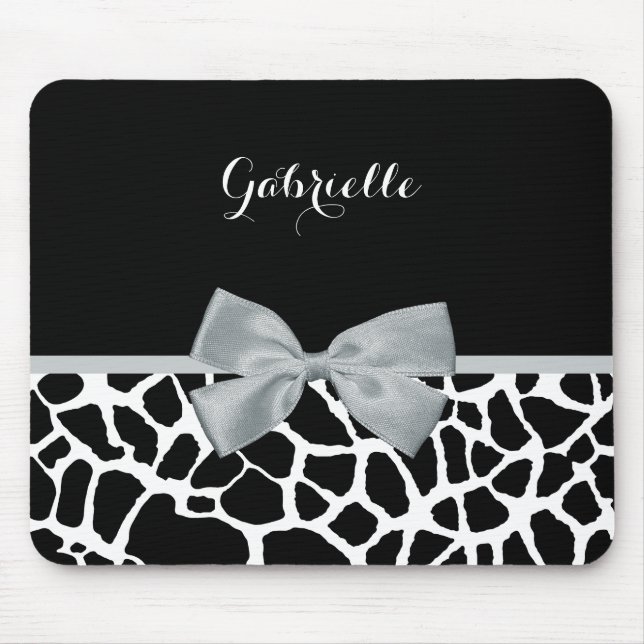 Chic Black and White Giraffe Print Silver Gray Bow Mouse Pad (Front)