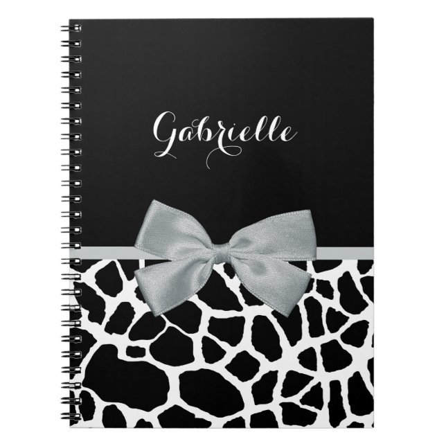 Chic Black and White Giraffe Print Silver Gray Bow Notebook (Front)