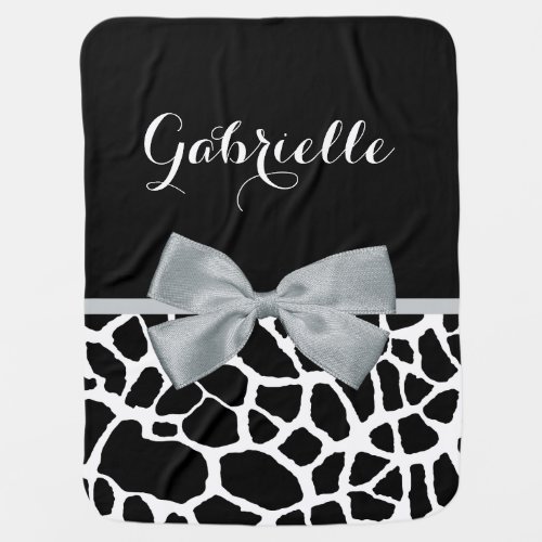 Chic Black and White Giraffe Print Silver Gray Bow Receiving Blanket