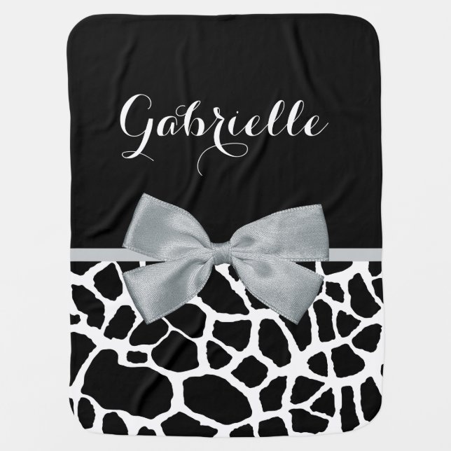 Chic Black and White Giraffe Print Silver Gray Bow Receiving Blanket (Front)