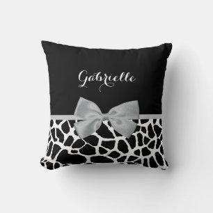 Chic Black and White Giraffe Print Silver Gray Bow Throw Pillow