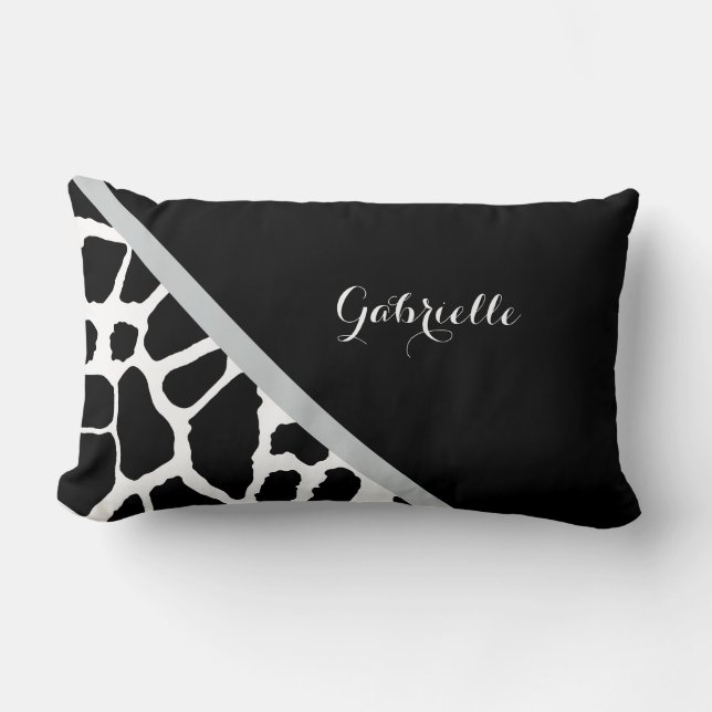 Chic Black and White Giraffe Print With Name Lumbar Pillow (Front)