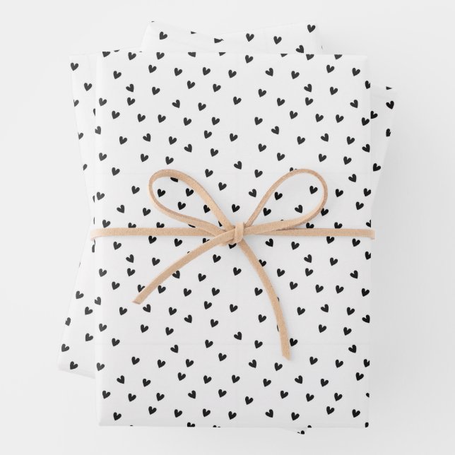 Chic Black and White Heart Pattern Valentine's Day Wrapping Paper Sheets (In situ)