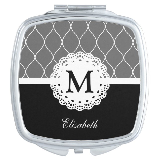 Chic Black and White Lace Pattern Custom Monogram Compact Mirror (Front)