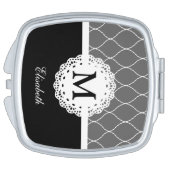 Chic Black and White Lace Pattern Custom Monogram Compact Mirror (Side)