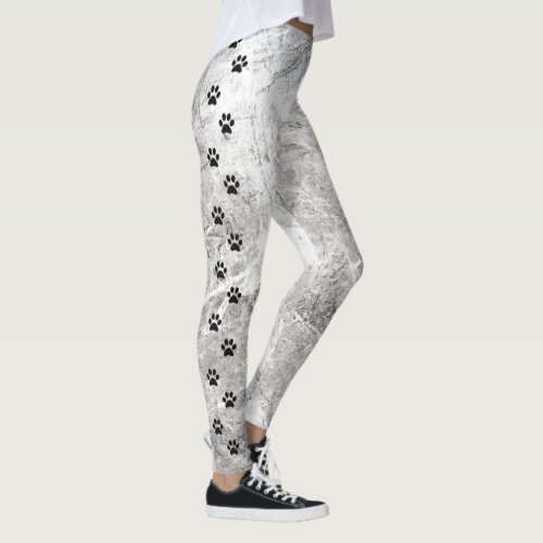 Chic Black and White Marble Side Stripe Paw Print Leggings