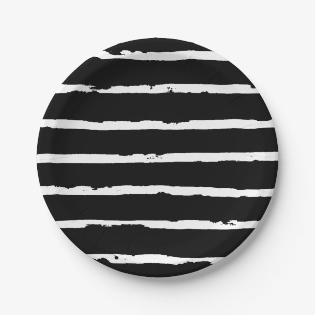 Chic Black and White Modern Lines Pattern Paper Plates (Front)