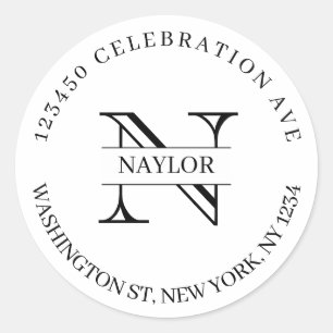 Chic Black and White Monogram Names Return Address Classic Round Sticker